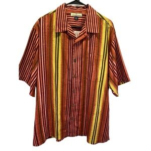 Tommy‎ Bahama Silk Orange Yellow Striped Mens Short Sleeve Collared Shirt Large